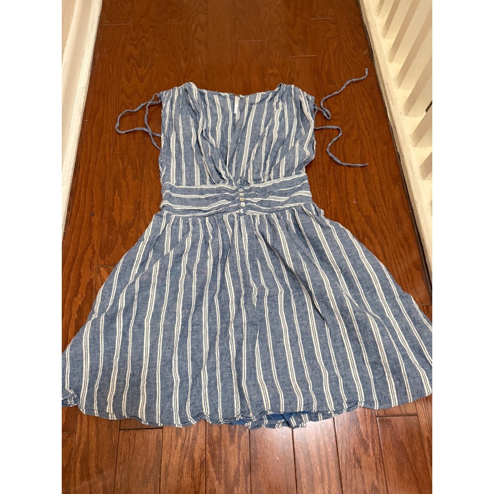 Free People Blue White‎ Striped Sleeveless Mini Dress V-Neck Button Waist Small